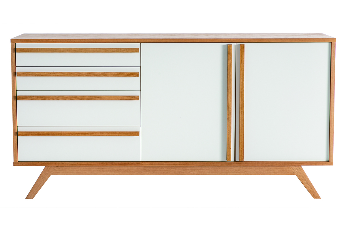 Buffet bois naturel et blanc 2 portes 4 tiroirs HELIA