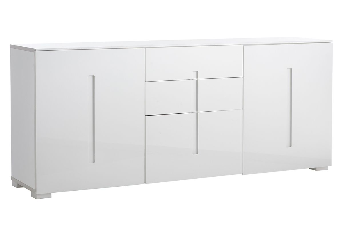 Buffet design blanc laqu brillant 2 portes 3 tiroirs L180 cm TED