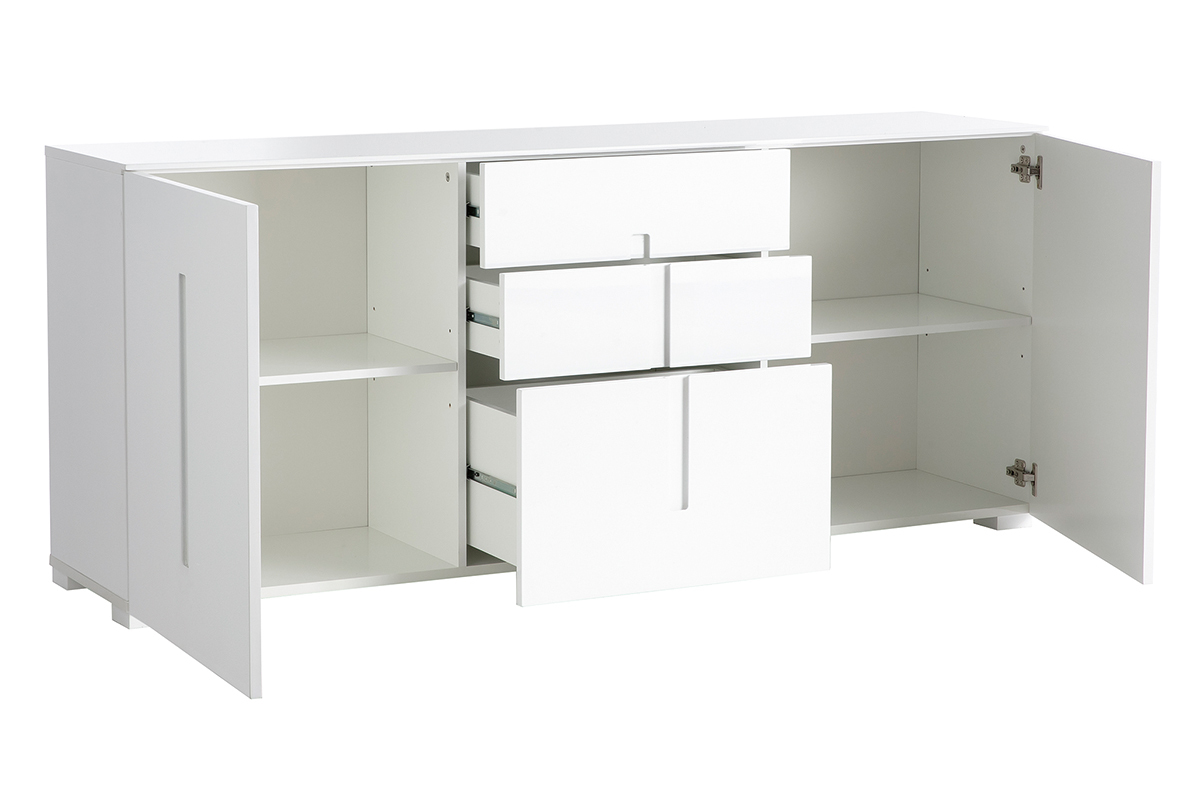 Buffet design blanc laqu brillant 2 portes 3 tiroirs L180 cm TED