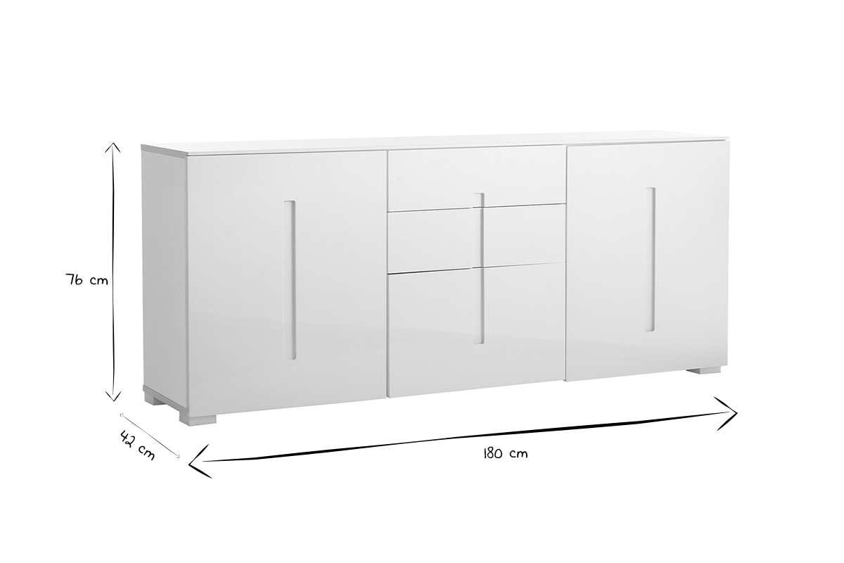 Buffet design blanc laqu brillant 2 portes 3 tiroirs L180 cm TED