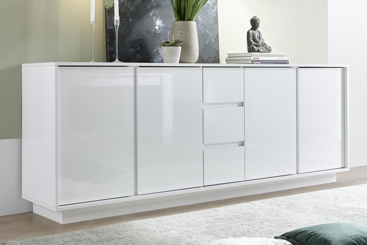 Buffet design blanc laqu brillant 4 portes 3 tiroirs L210 cm COMO