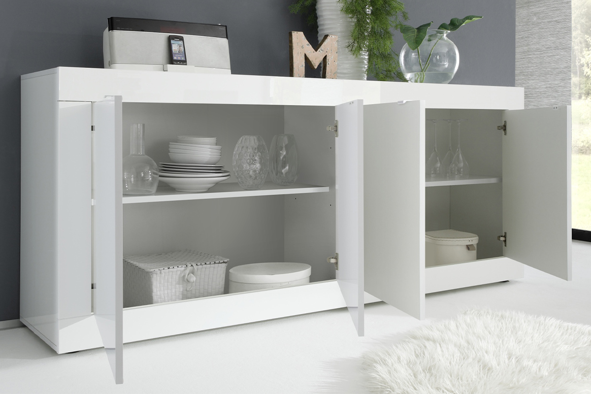 Buffet design blanc laqu brillant 4 portes L207 cm LATTE