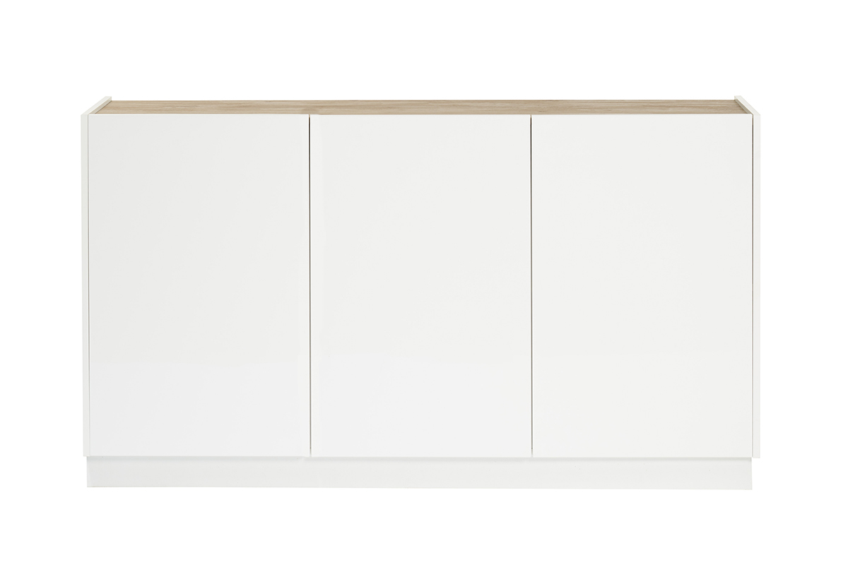 Buffet design blanc laqu brillant et bois clair 3 portes L155 cm NELIO