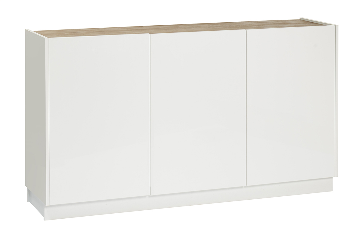 Buffet design blanc laqu brillant et bois clair 3 portes L155 cm NELIO