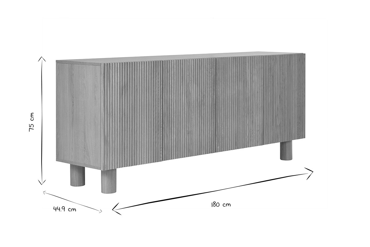 Buffet design en bois clair chne massif grav 4 portes L180 cm GOSHI