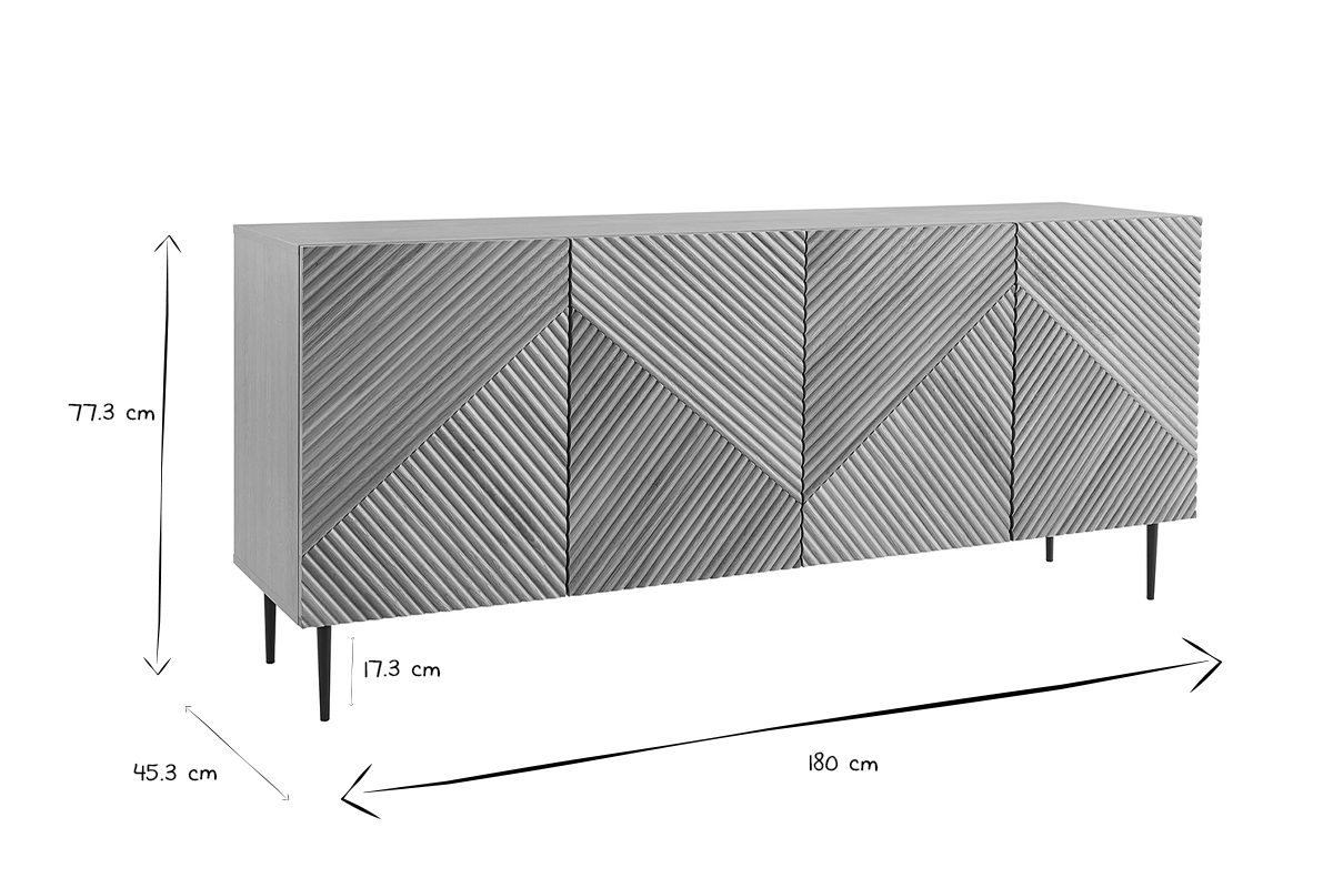 Buffet design en bois clair chne massif grav et mtal noir 4 portes L180 cm ARCHIPEL