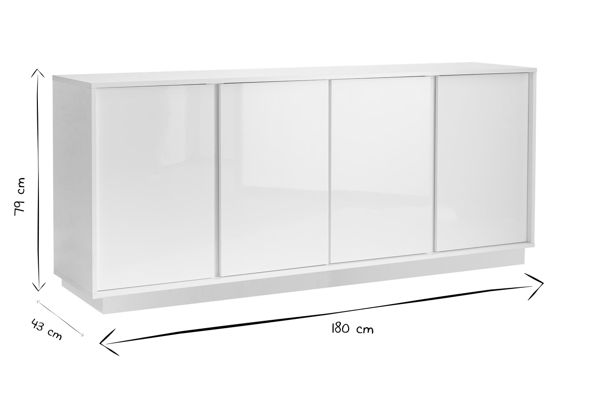 Buffet design finition blanc laqu brillant 4 portes L180 cm COMO