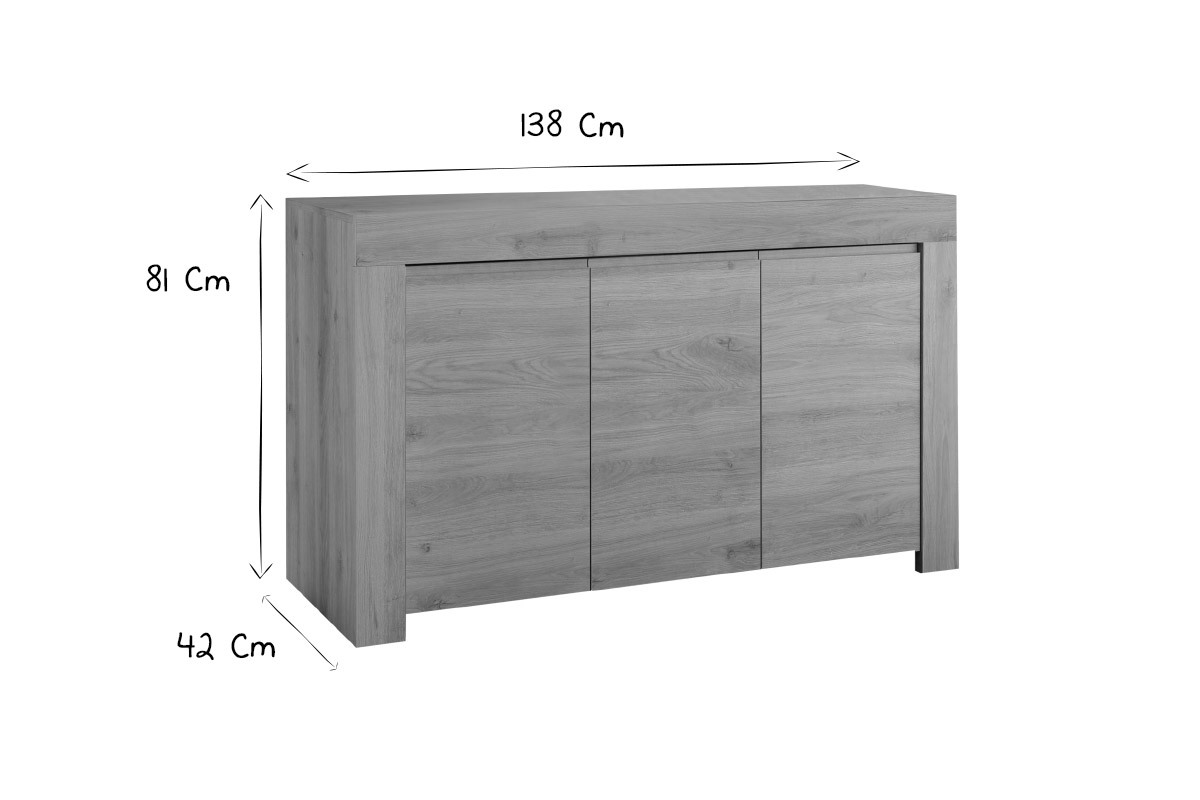 Buffet design finition bois clair chne 3 portes L138 cm TINO