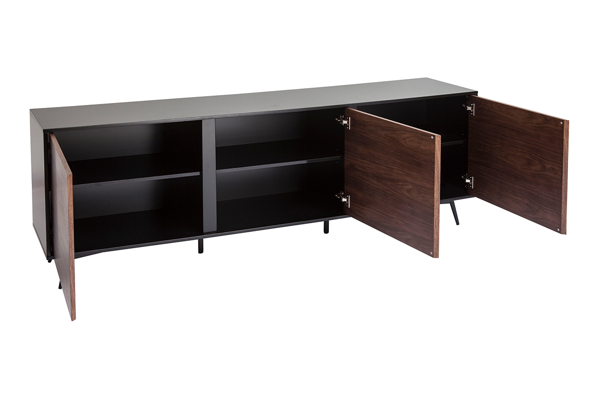 Buffet en bois fonc noyer, noir mat et mtal noir 3 portes L200 cm MERMOZ