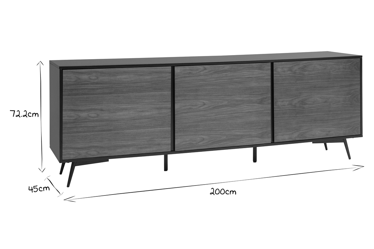 Buffet en bois fonc noyer, noir mat et mtal noir 3 portes L200 cm MERMOZ