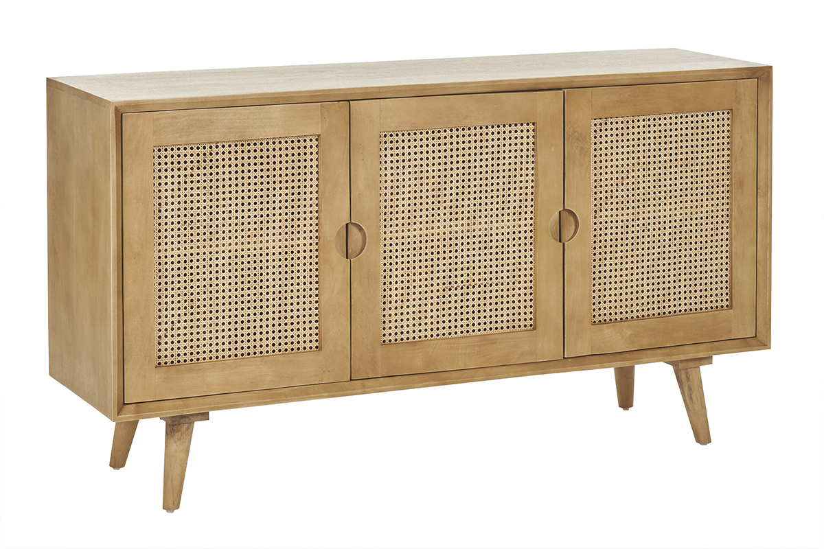 Buffet en bois manguier et cannage rotin 3 portes L145 cm LAKA