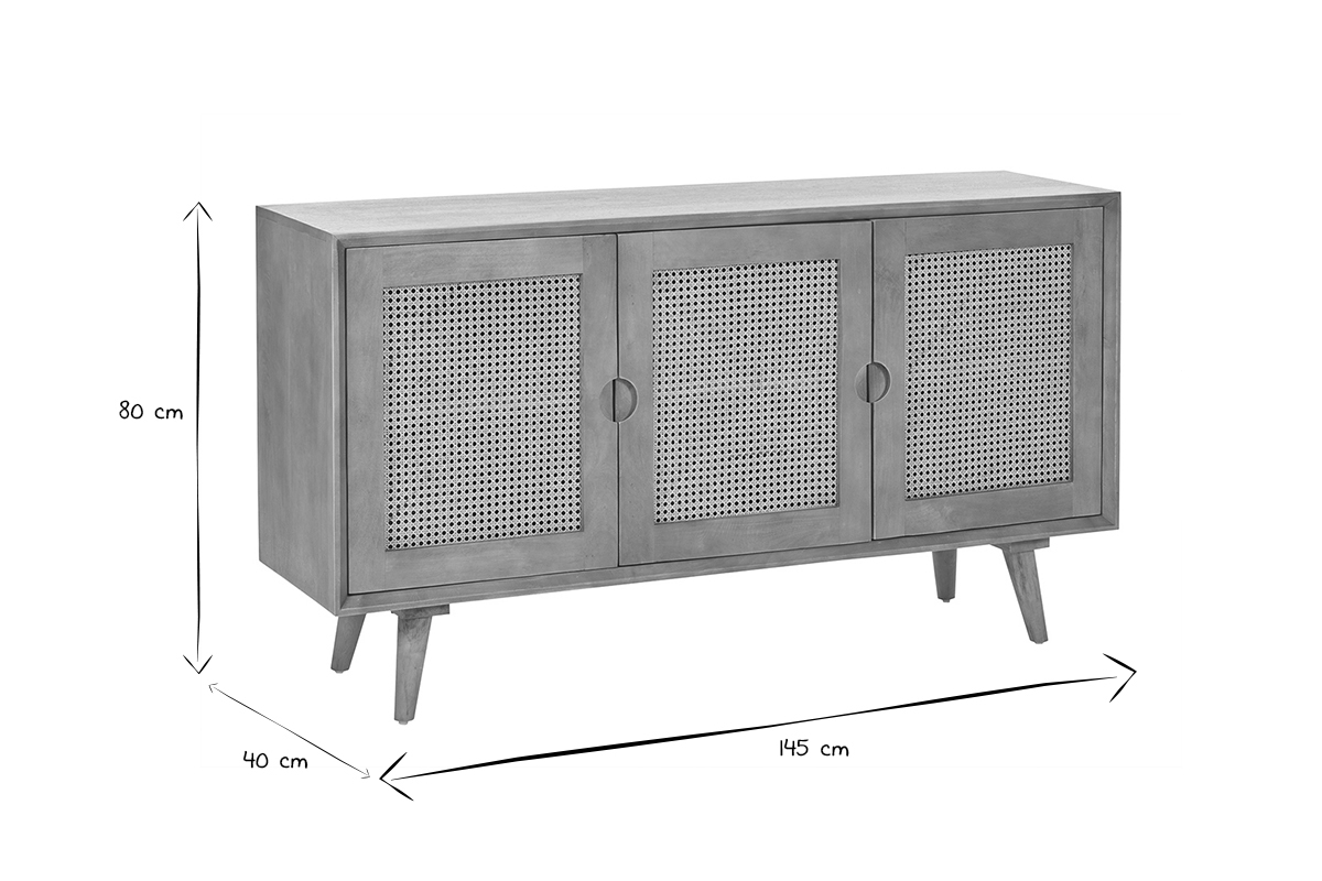 Buffet en bois manguier et cannage rotin 3 portes L145 cm LAKA