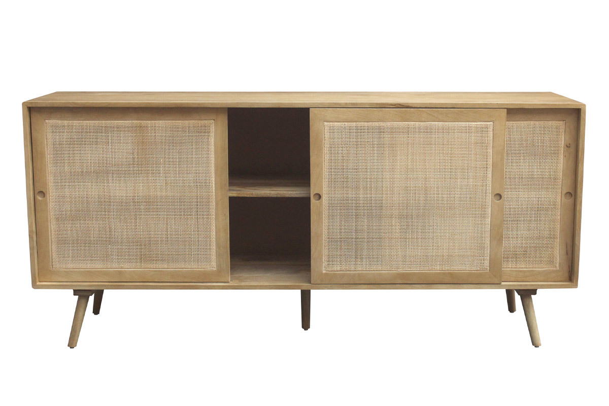 Buffet en bois manguier massif et cannage rotin 3 portes coulissantes L180 cm ACANGE