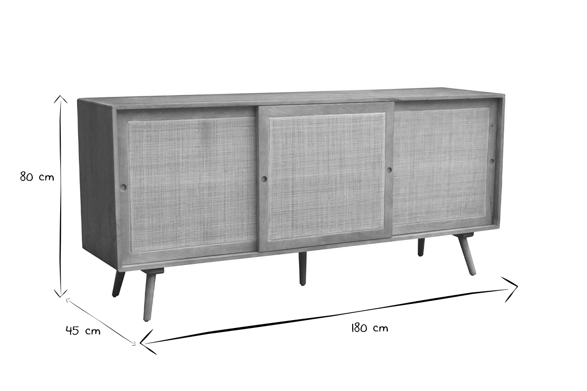 Buffet en bois manguier massif et cannage rotin 3 portes coulissantes L180 cm ACANGE