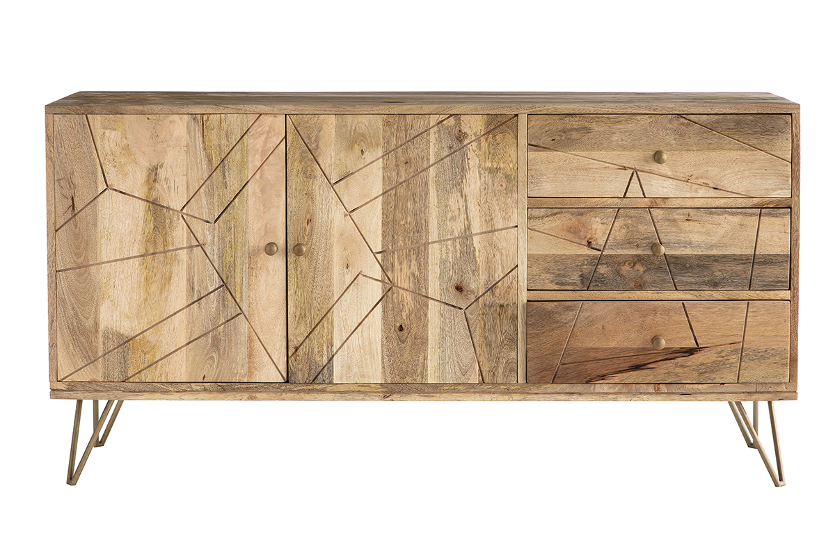 Buffet grav en bois manguier massif et mtal dor 2 portes 3 tiroirs L145 cm LINIUM