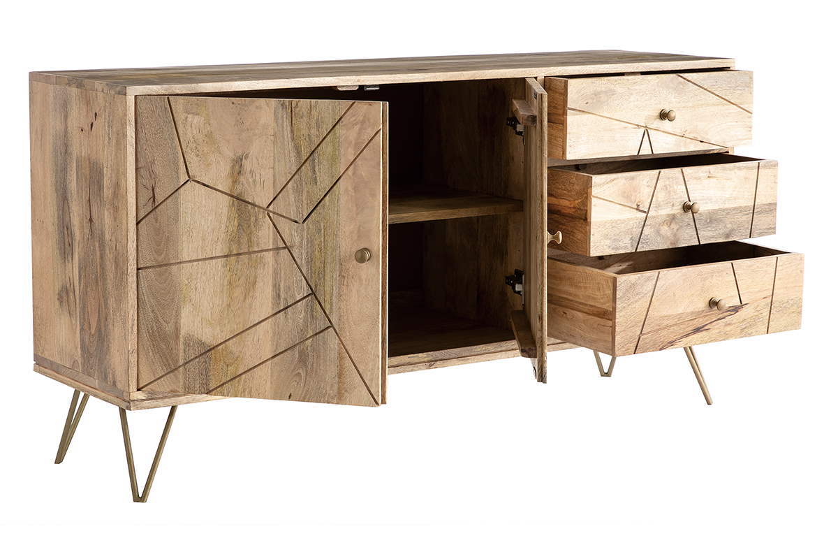 Buffet grav en bois manguier massif et mtal dor 2 portes 3 tiroirs L145 cm LINIUM