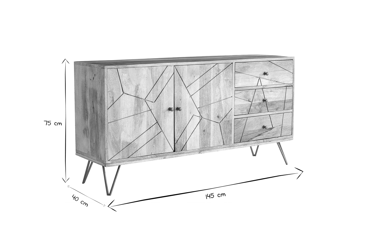 Buffet grav en bois manguier massif et mtal dor 2 portes 3 tiroirs L145 cm LINIUM