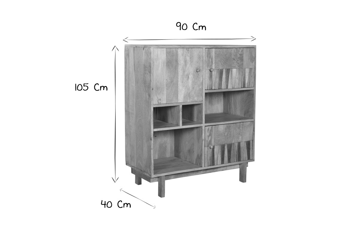 Buffet haut design en bois manguier massif et dtails dors 3 portes L90 cm ZAIKA