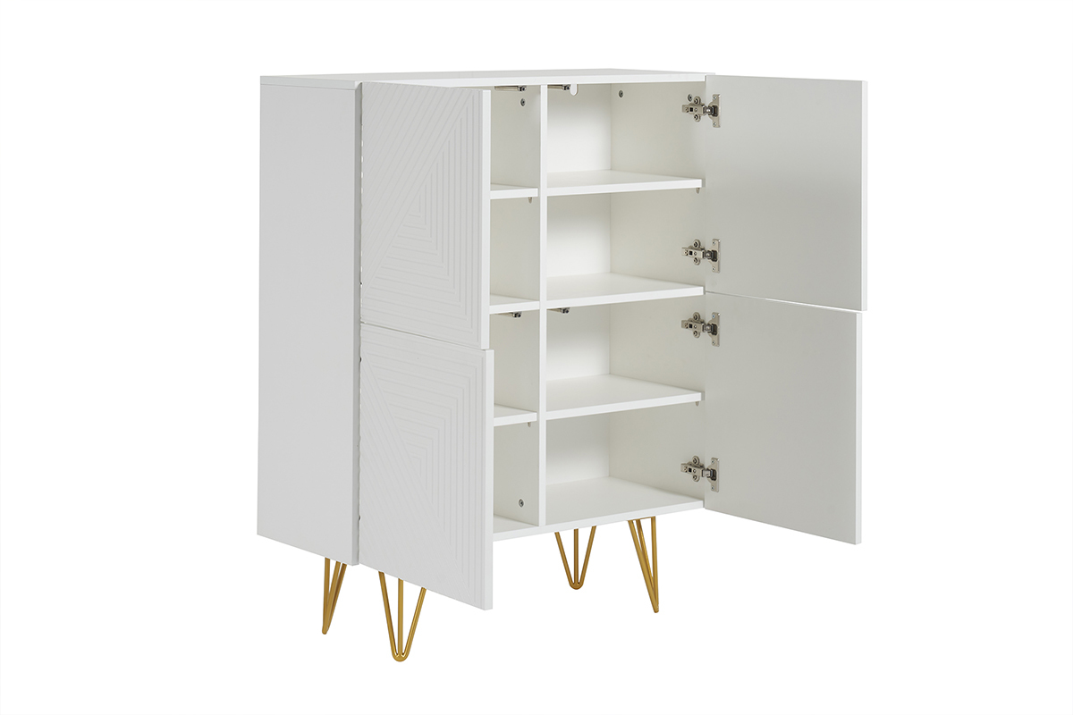 Buffet haut design grav blanc mat et mtal dor 4 portes L86 cm OZEN