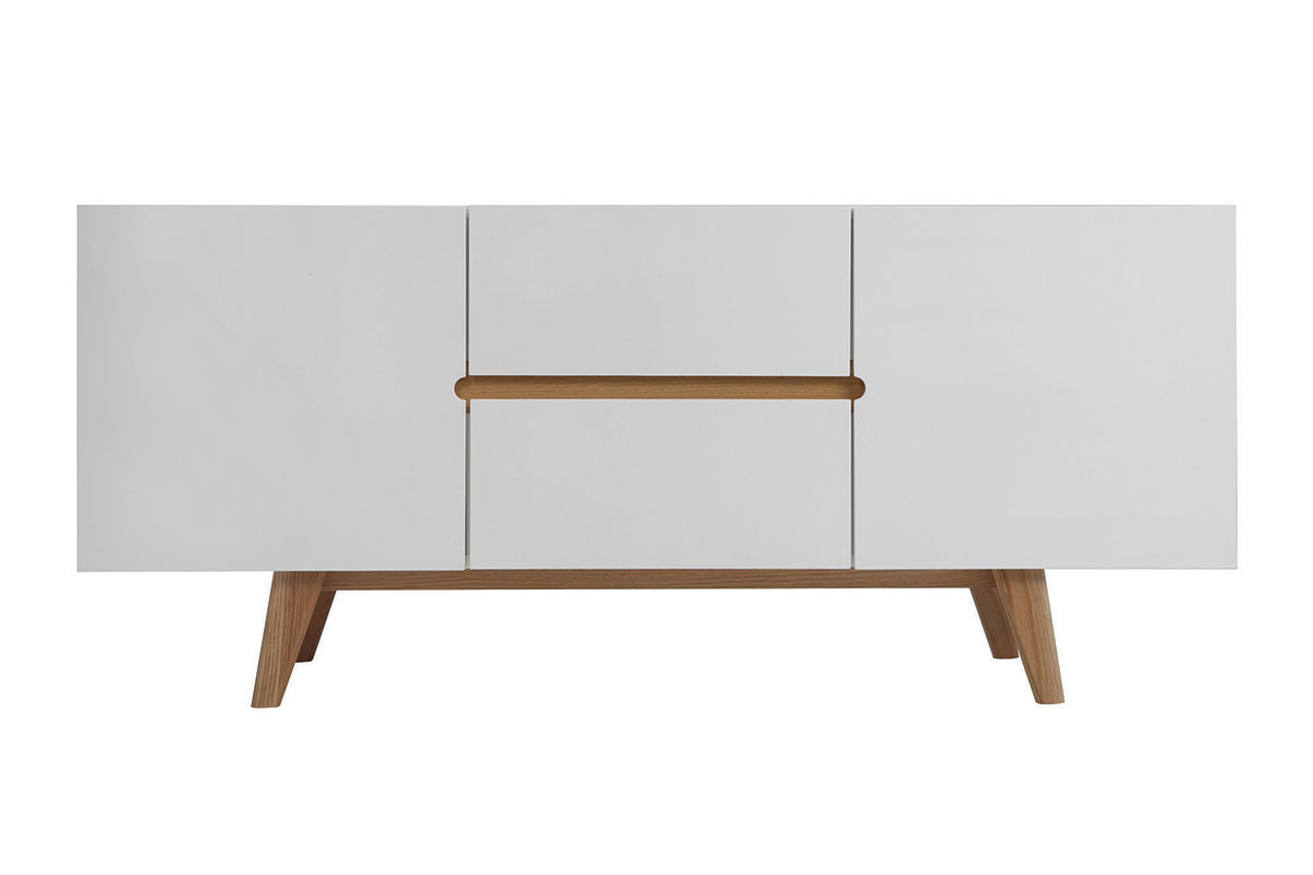 Buffet scandinave blanc brillant et finition bois clair 2 portes 2 tiroirs L160cm MELKA