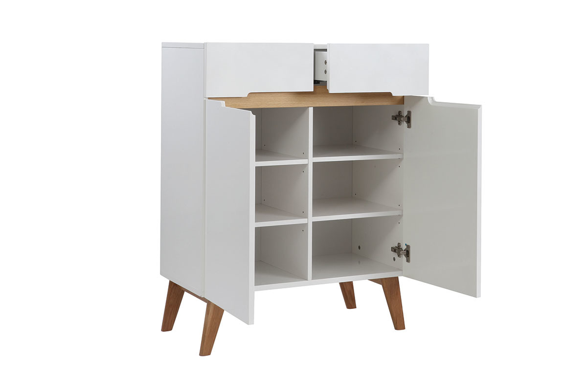 Buffet scandinave blanc brillant et finition bois clair 2 portes 2 tiroirs L80cm MELKA