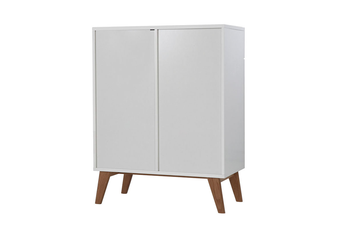 Buffet scandinave blanc brillant et finition bois clair 2 portes 2 tiroirs L80cm MELKA