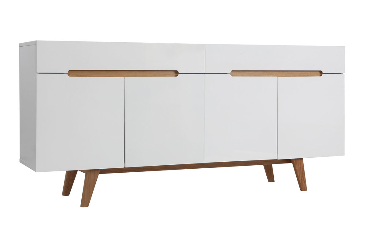 Buffet scandinave blanc brillant et finition bois clair 4 portes 2 tiroirs L180 cm MELKA