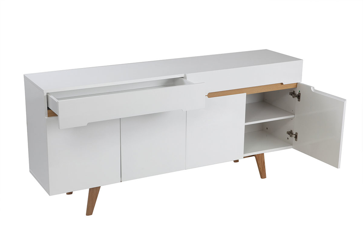 Buffet scandinave blanc brillant et finition bois clair 4 portes 2 tiroirs L180 cm MELKA