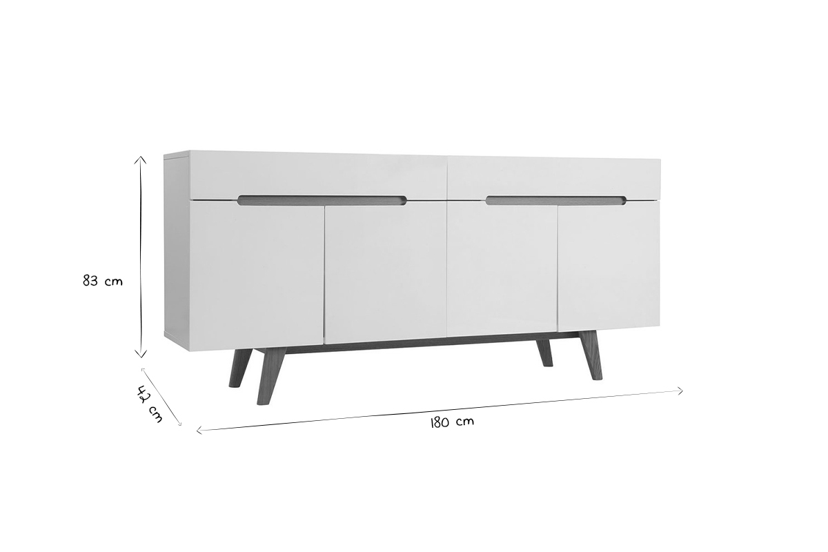 Buffet scandinave blanc brillant et finition bois clair 4 portes 2 tiroirs L180 cm MELKA