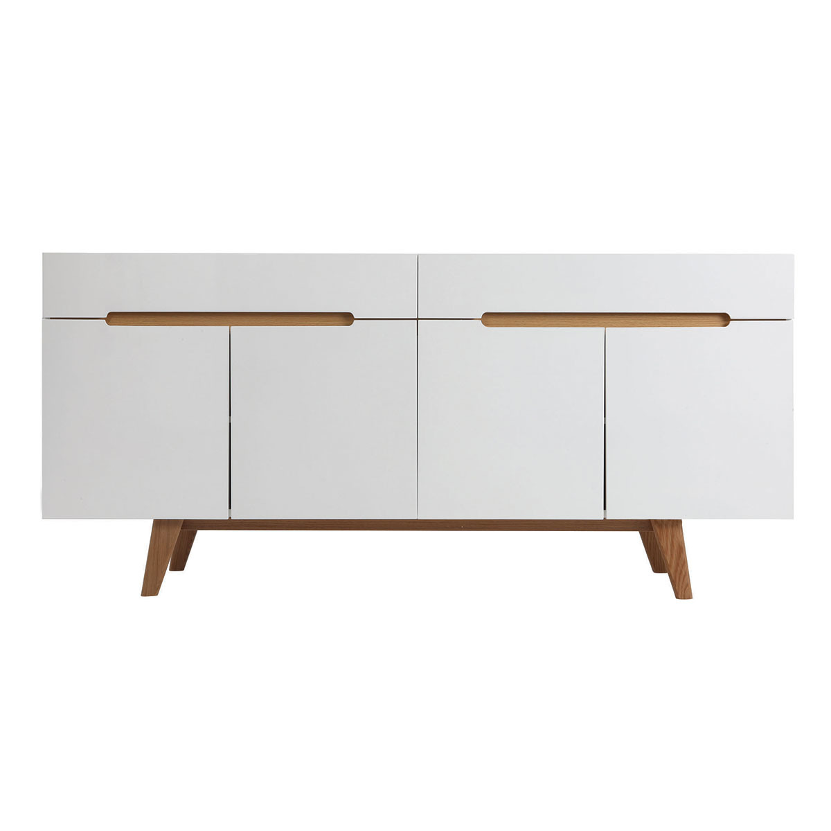 Buffet scandinave blanc brillant et finition bois clair 4 portes 2 tiroirs L180 cm MELKA