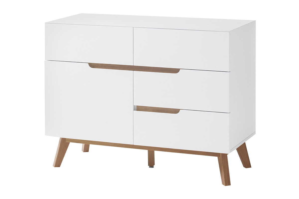 Buffet scandinave blanc mat et bois clair 1 porte 4 tiroirs L97 cm SKIVE