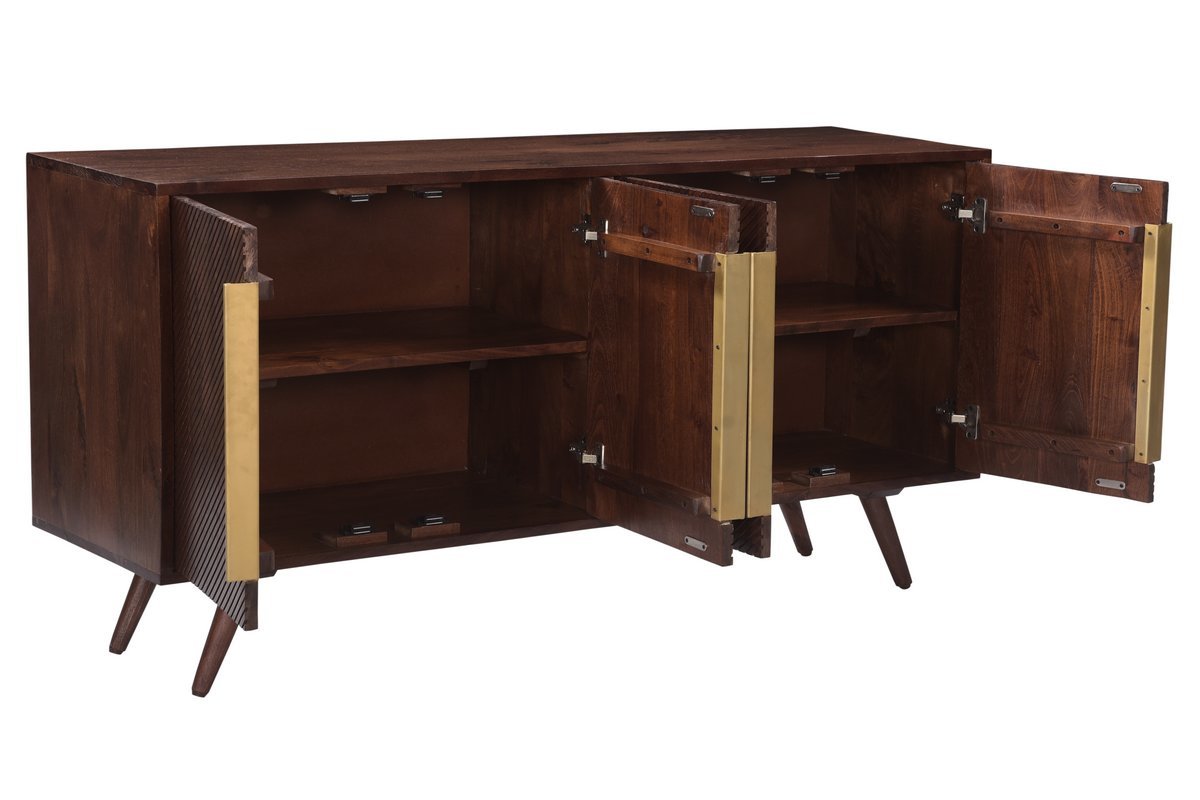 Buffet vintage en bois fonc manguier massif et mtal dor 4 portes graves L138 cm REKHA