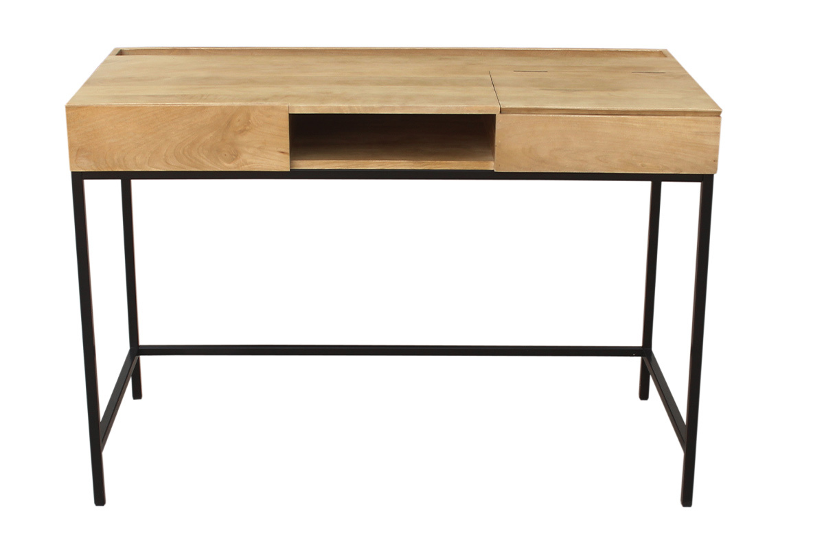 Bureau  rangements industriel bois manguier massif et mtal noir L118 cm YPSTER