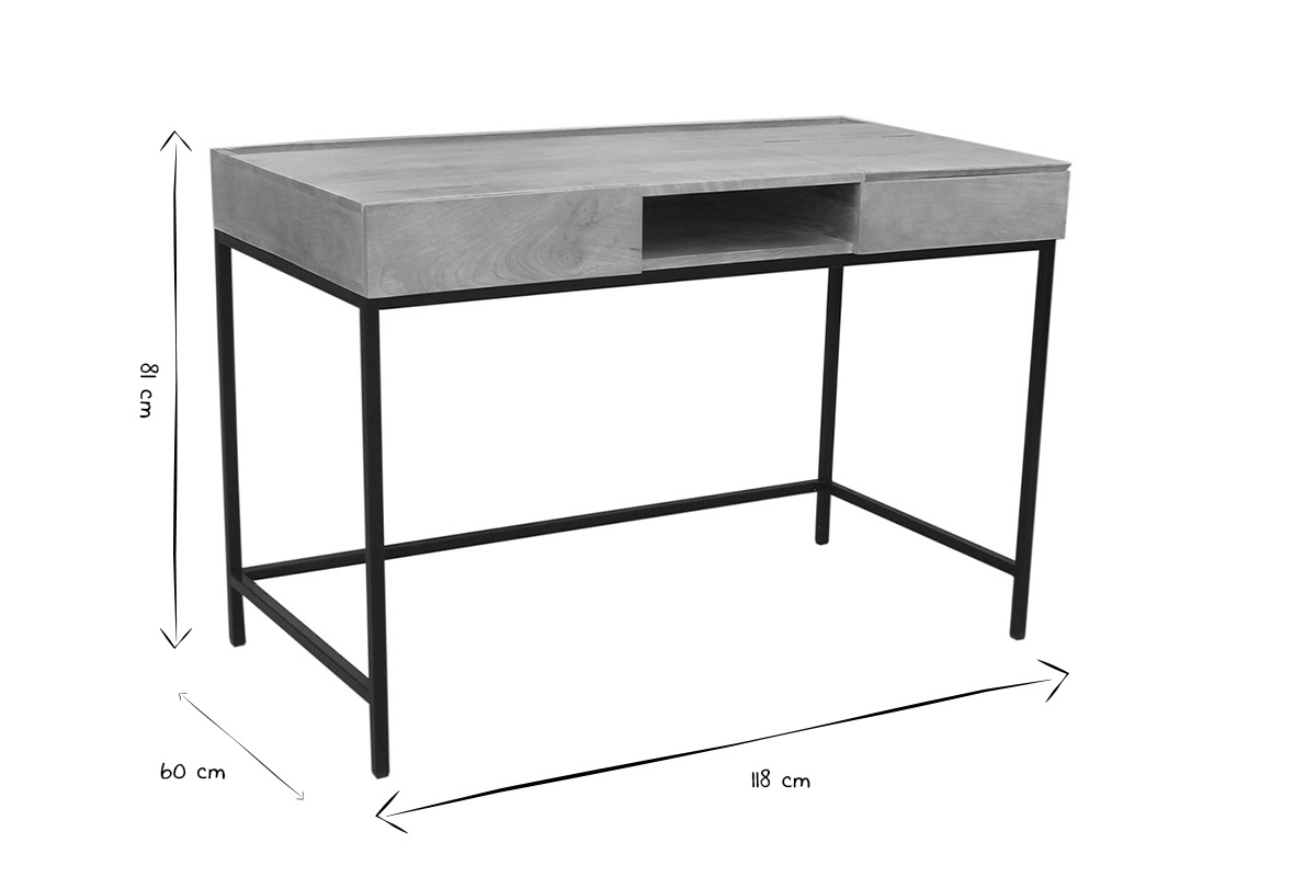 Bureau  rangements industriel bois manguier massif et mtal noir L118 cm YPSTER