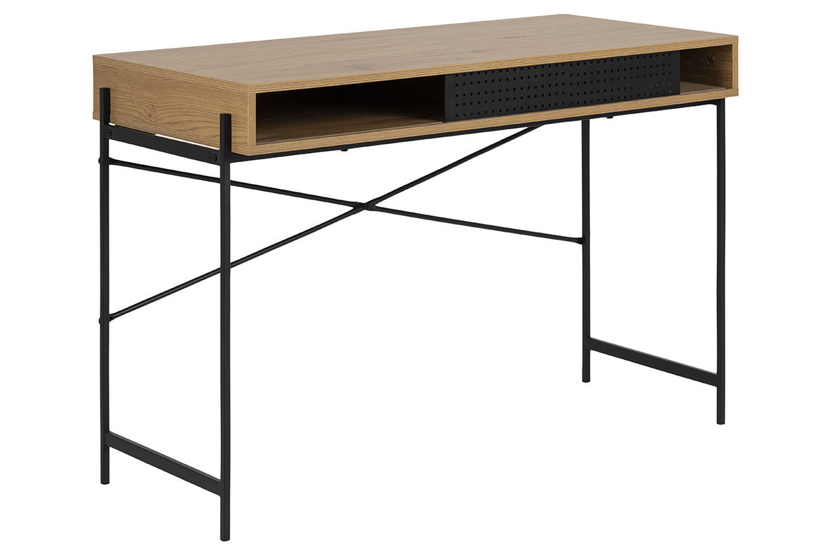 Bureau avec rangement finition bois clair chne et mtal noir L112 cm MAO