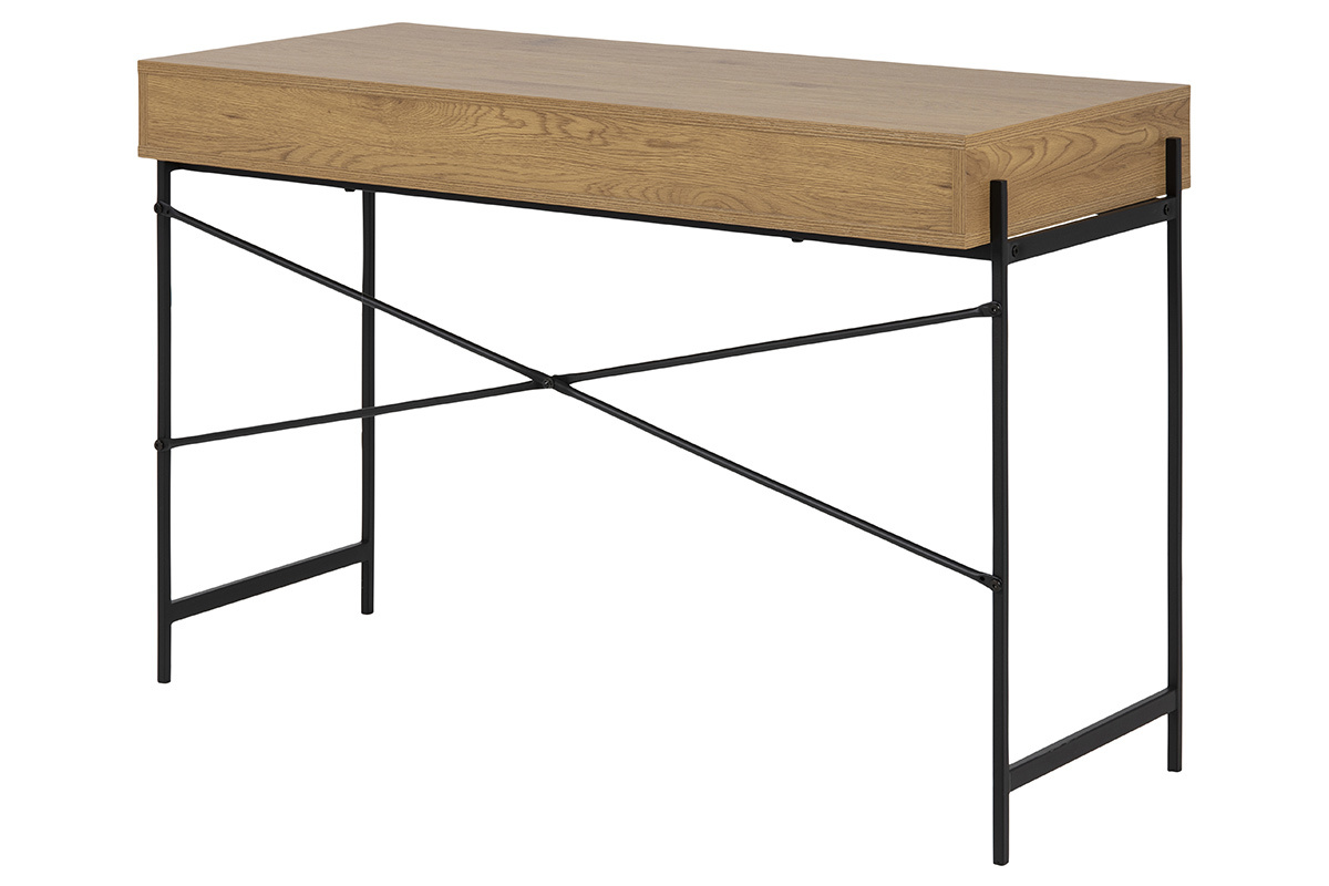 Bureau avec rangement finition bois clair chne et mtal noir L112 cm MAO