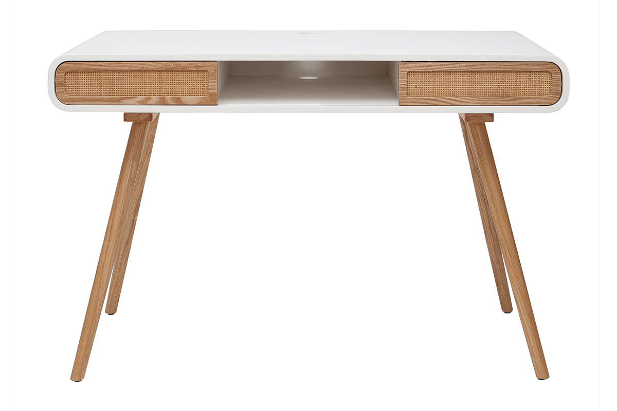 Bureau avec rangement vintage blanc, cannage et bois clair L120 cm OLYMPE