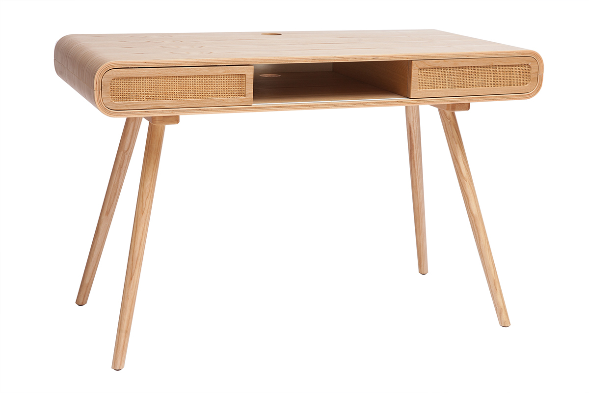 Bureau avec rangement vintage en bois clair et cannage L120 cm OLYMPE