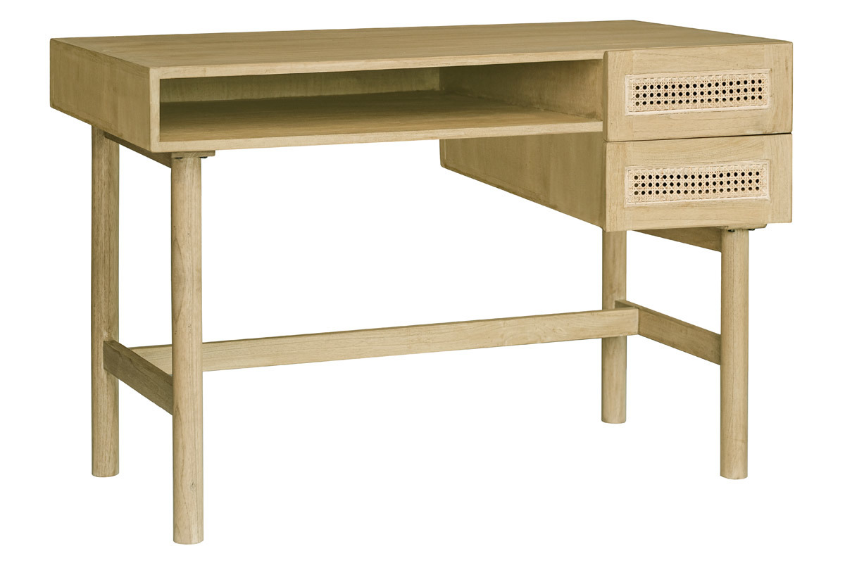 Bureau avec rangements 2 tiroirs bois clair et cannage rotin L120 cm GALINA