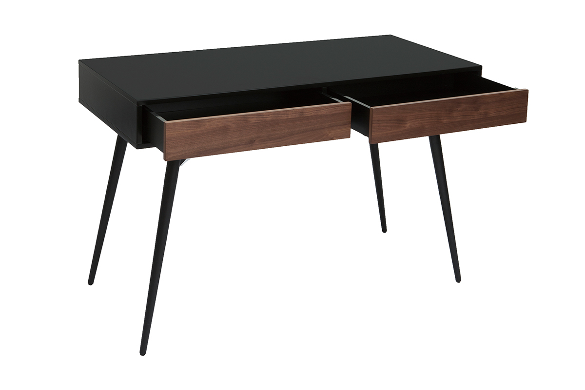 Bureau avec rangements 2 tiroirs design noir mat et bois fonc noyer L120 cm TRIPOLI