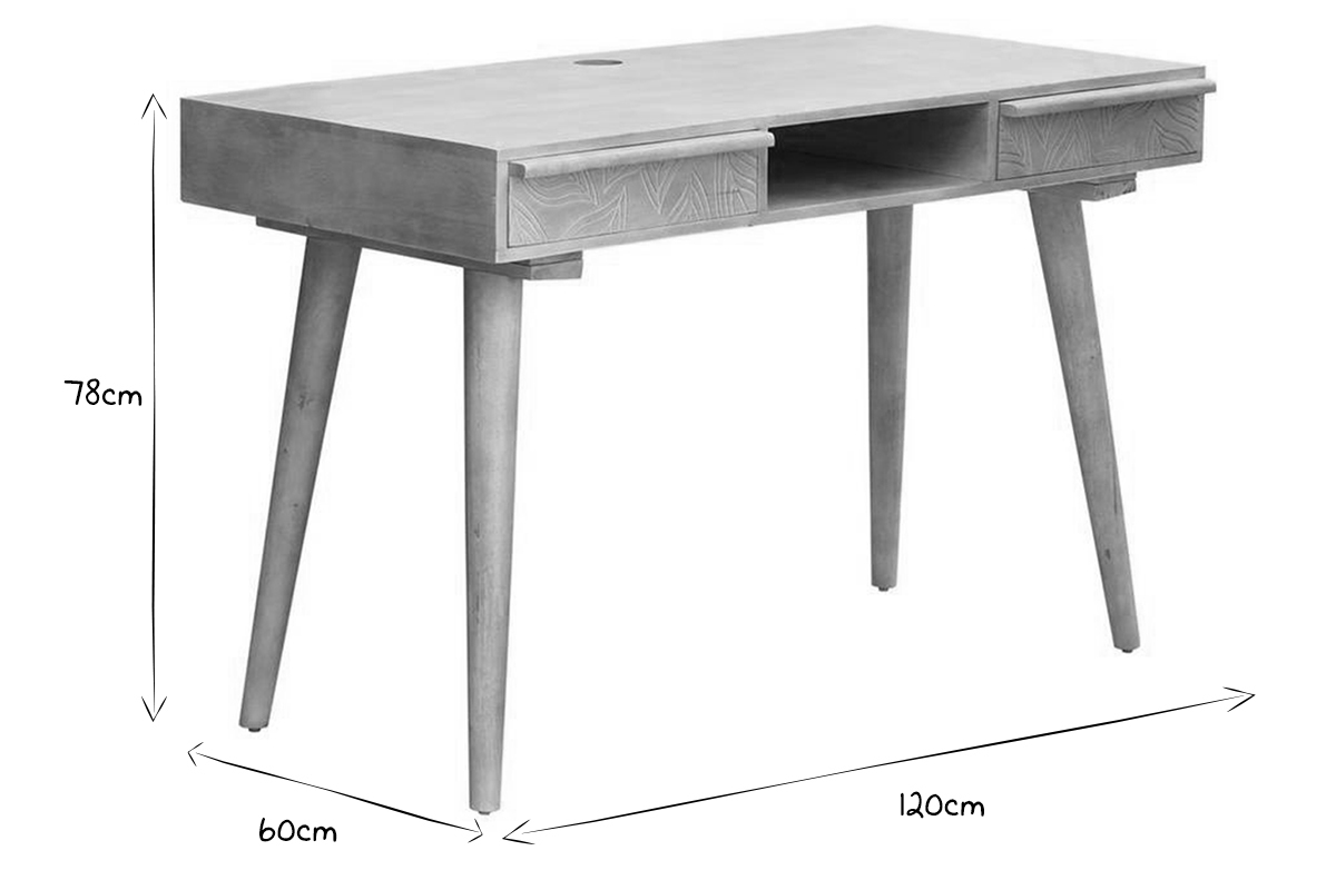 Bureau avec rangements 2 tiroirs ethnique bois manguier massif grav L120 cm KAFFIR