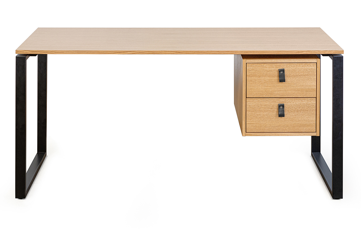 Bureau avec rangements 2 tiroirs industriel bois clair chne et mtal noir L160 cm OPAL