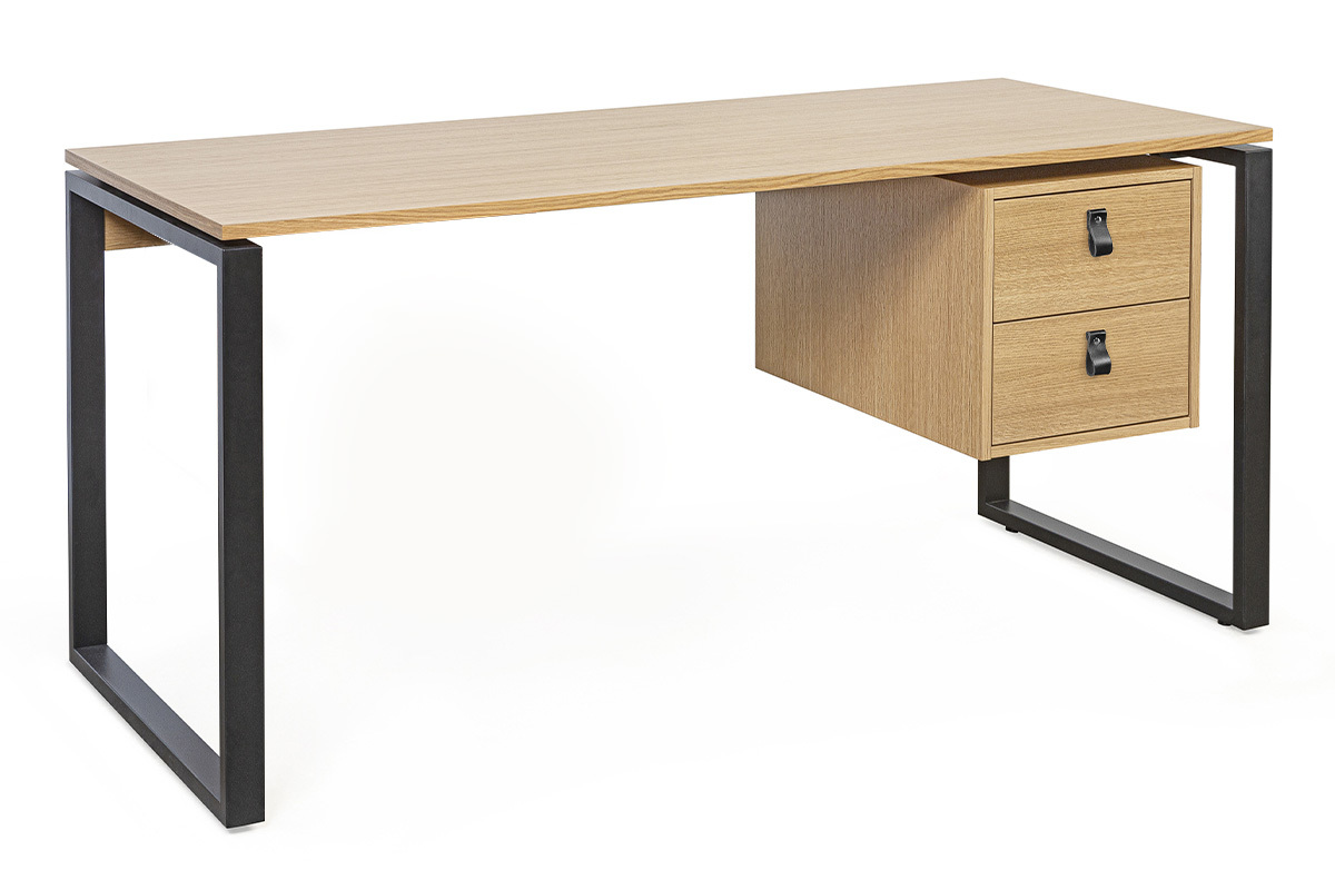 Bureau avec rangements 2 tiroirs industriel bois clair chne et mtal noir L160 cm OPAL