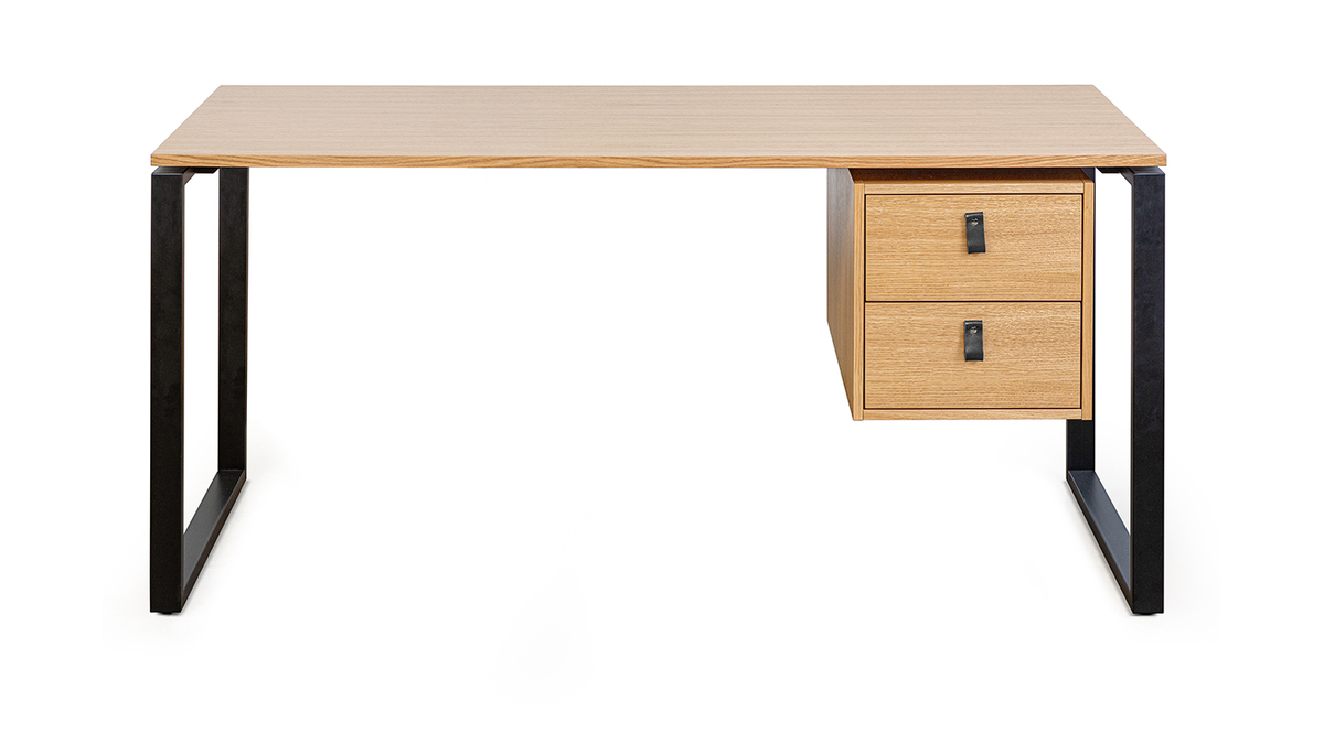 Bureau avec rangements 2 tiroirs industriel bois clair chne et mtal noir L160 cm OPAL