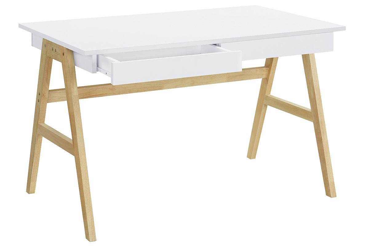 Bureau avec rangements 2 tiroirs scandinave blanc et bois clair chne L120 cm BROOK