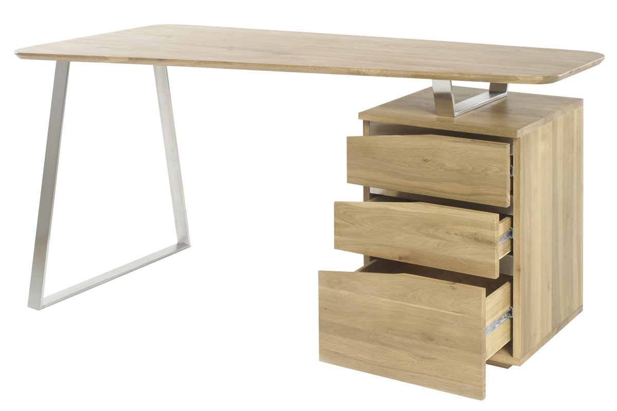 Bureau avec rangements 3 tiroirs bois clair et acier chrom L150 cm JANIS