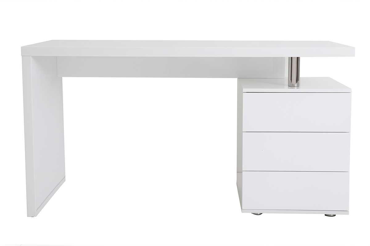 Bureau avec rangements 3 tiroirs design blanc laqu brillant L140 cm CALIX