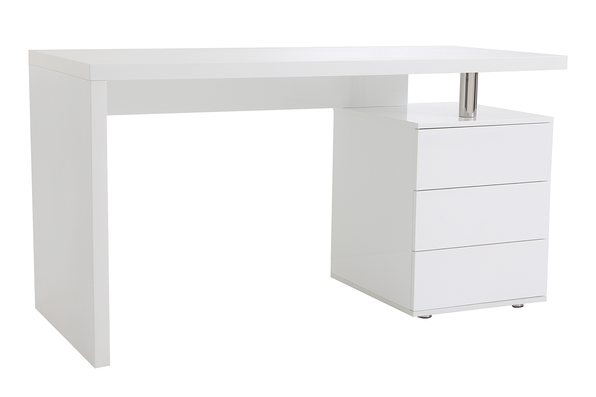 Bureau avec rangements 3 tiroirs design blanc laqu brillant L140 cm CALIX