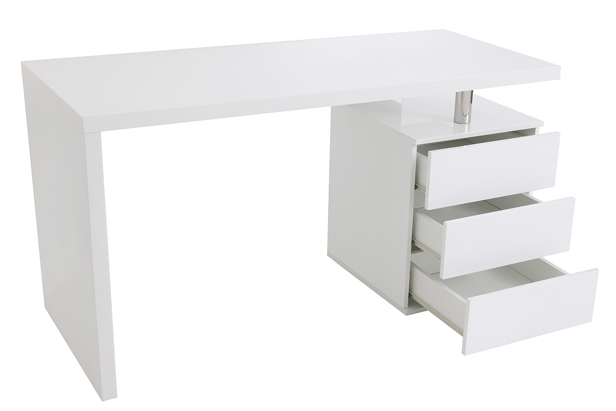 Bureau avec rangements 3 tiroirs design blanc laqu brillant L140 cm CALIX