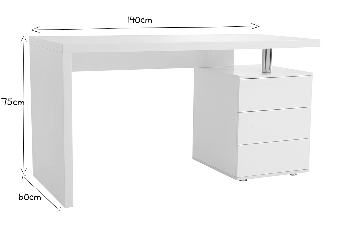 Bureau avec rangements 3 tiroirs design blanc laqu brillant L140 cm CALIX